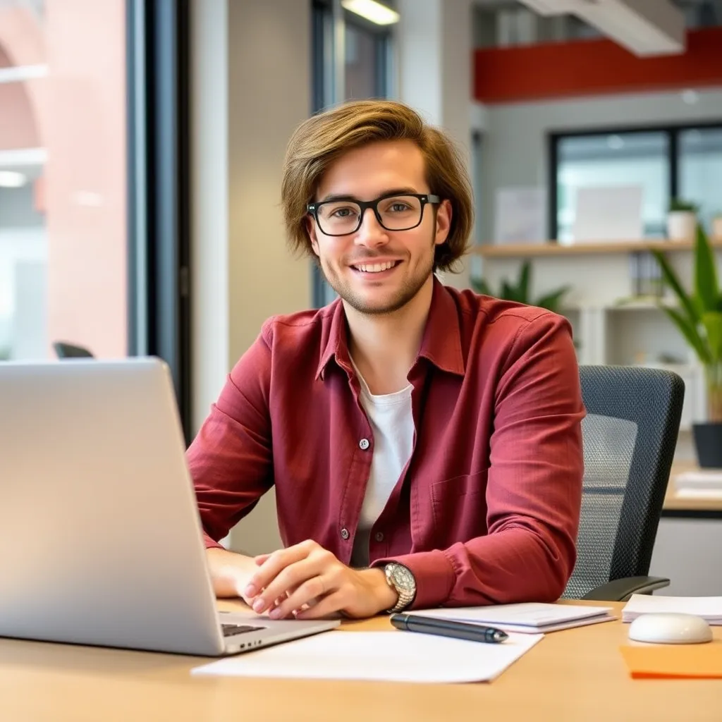 Persoon die productief werkt met een tevreden uitdrukking